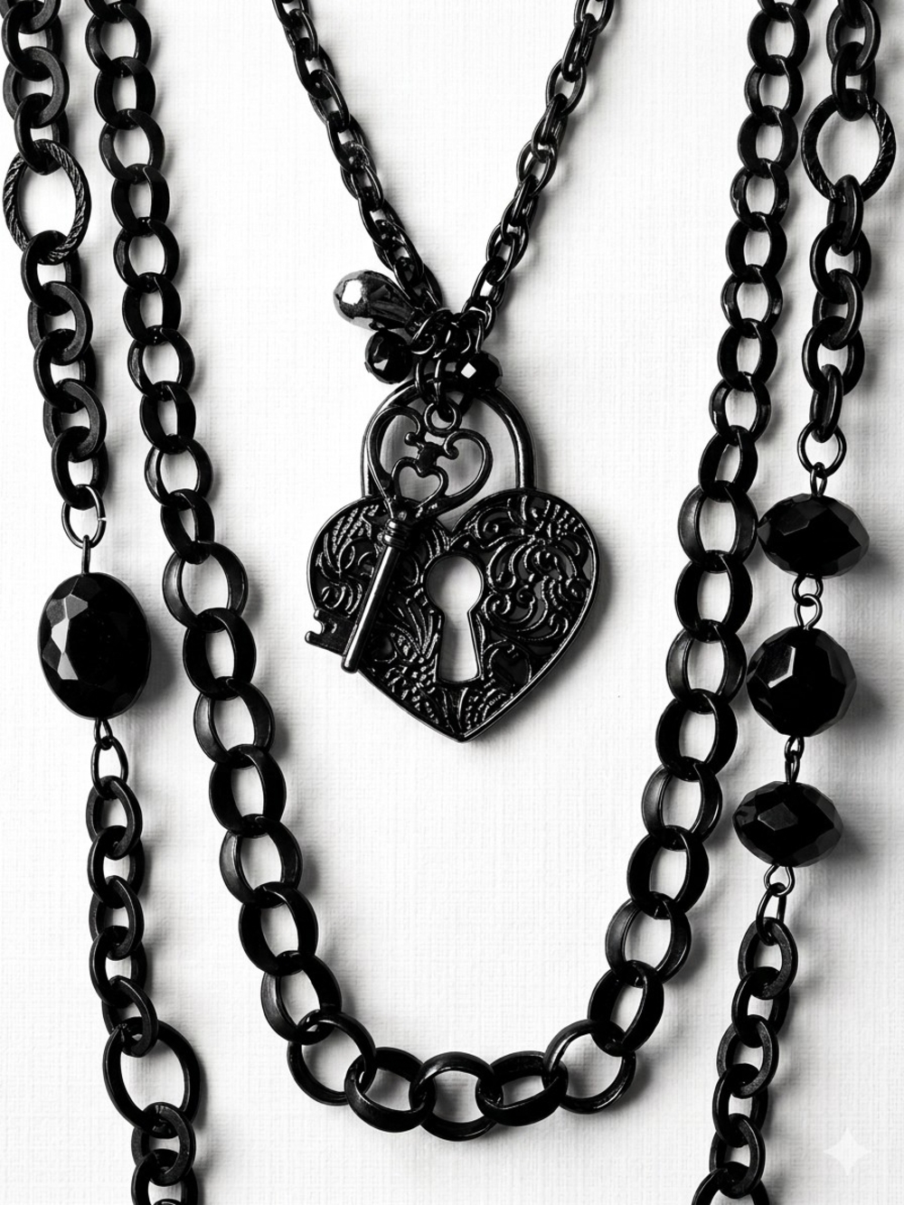 Lia Sophia Retired 3-Strand Convertible Matte Black Heart Padlock Key Necklace